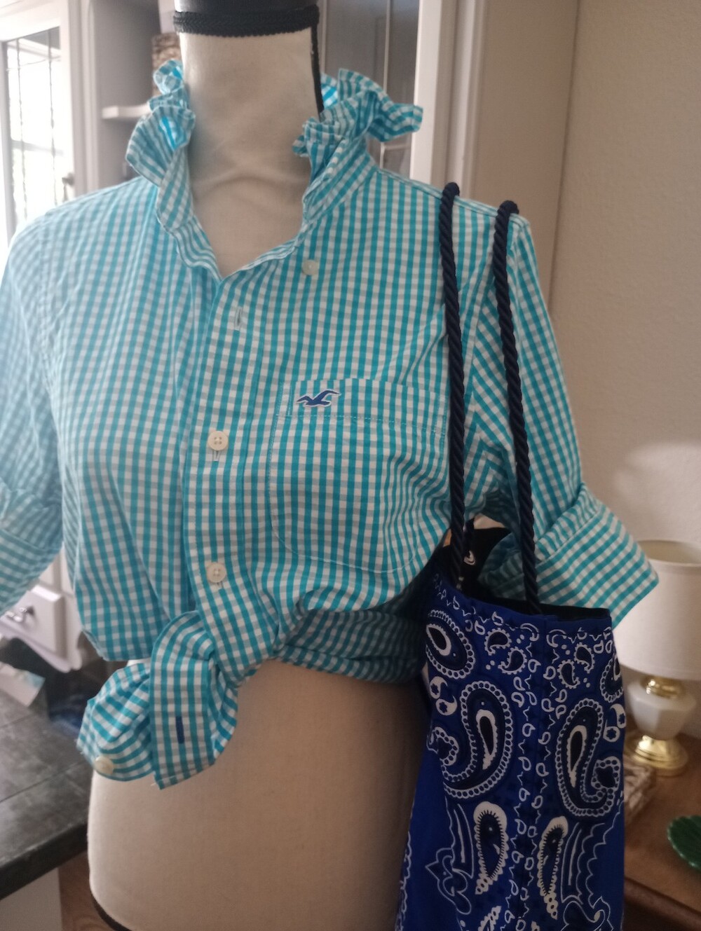 Blue Gingham Button-Up Shirt with Embroidered Logo